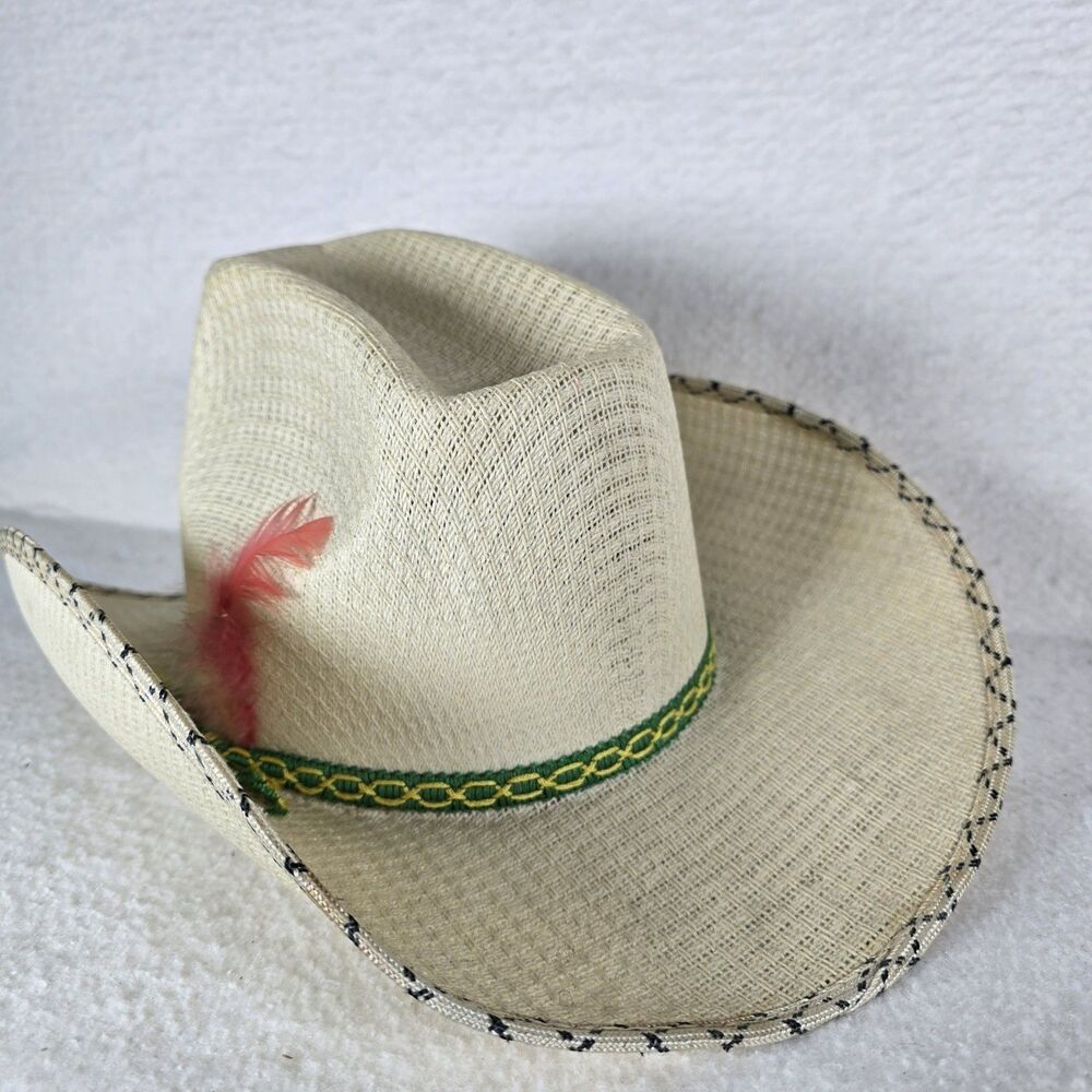 Elegante De Lujo Hard Straw Cowboy Hat Green Band Pink Feather